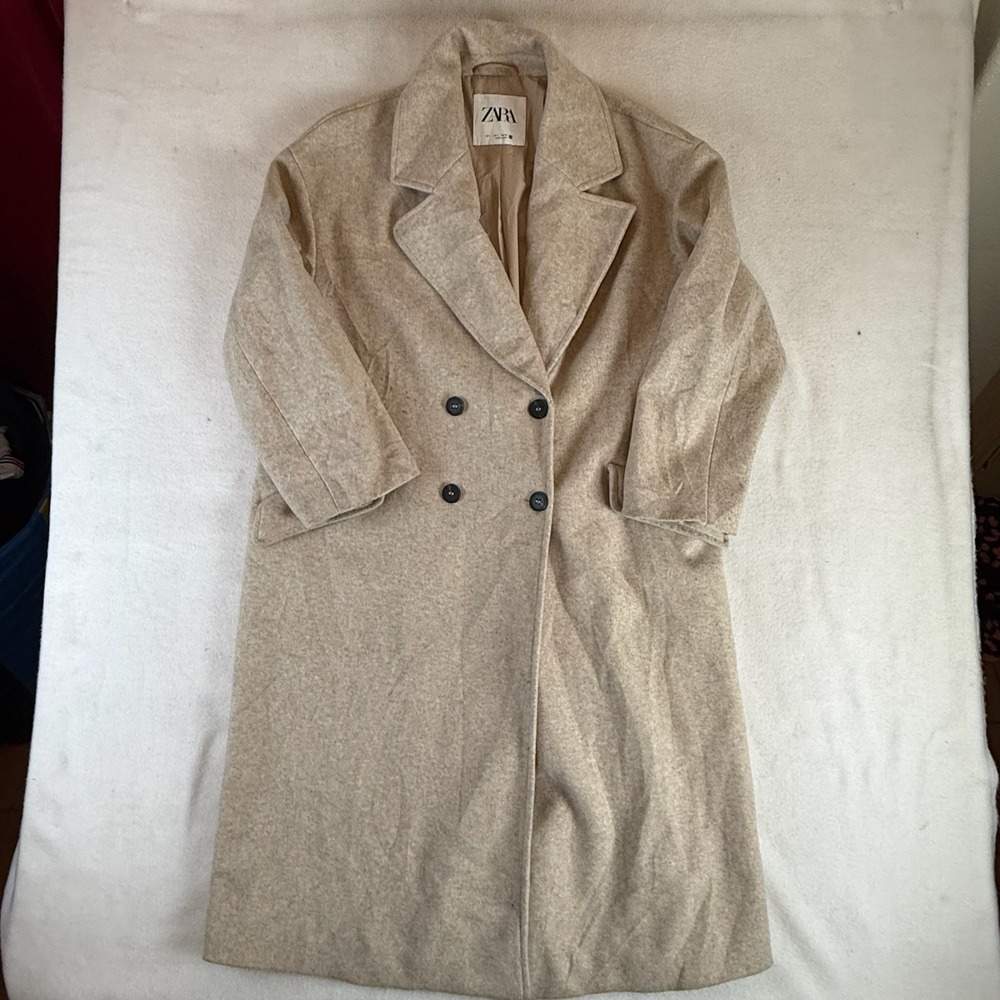 Zara Womens Beige Double Breasted Longline Overcoat Jacket Size L Large